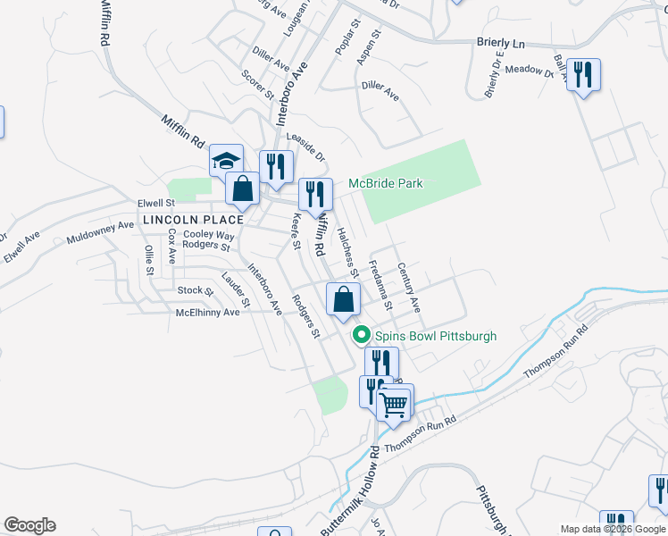 map of restaurants, bars, coffee shops, grocery stores, and more near 5703 Mifflin Road in Pittsburgh