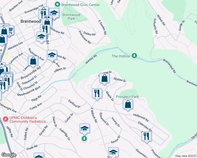 map of restaurants, bars, coffee shops, grocery stores, and more near 1620 Skyline Drive in Pittsburgh