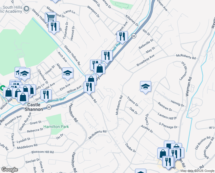 map of restaurants, bars, coffee shops, grocery stores, and more near 266 Murrays Lane in Pittsburgh
