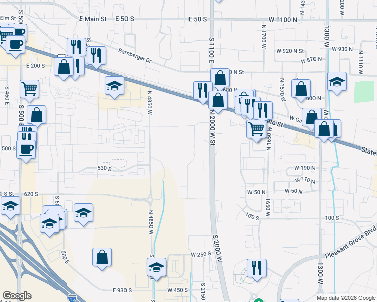 map of restaurants, bars, coffee shops, grocery stores, and more near 545 South 1140 East in American Fork