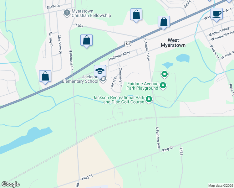 map of restaurants, bars, coffee shops, grocery stores, and more near 83 Laurel Drive in Myerstown