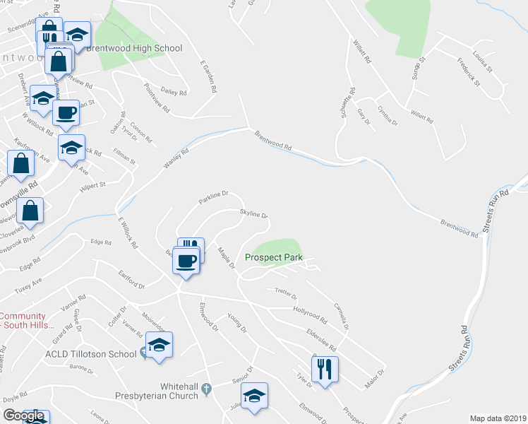 map of restaurants, bars, coffee shops, grocery stores, and more near 1702 Skyline Drive in Pittsburgh