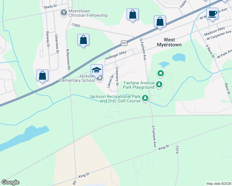 map of restaurants, bars, coffee shops, grocery stores, and more near 83 Laurel Drive in Myerstown