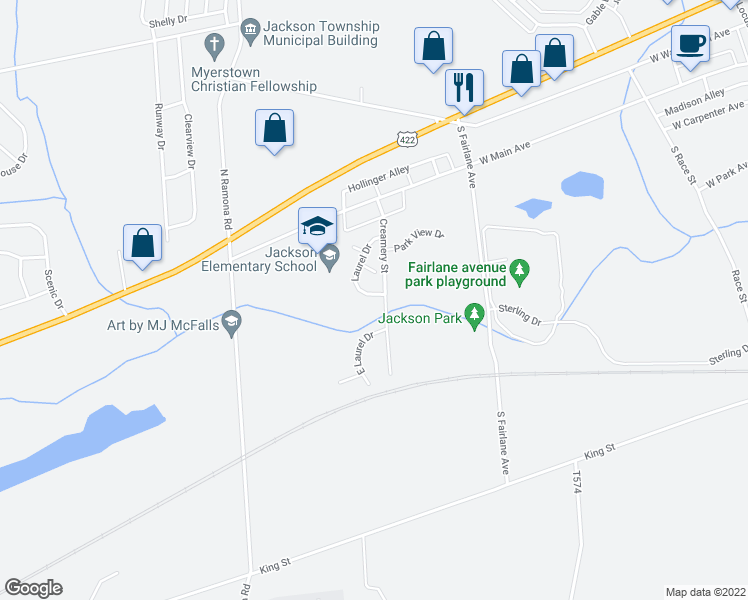 map of restaurants, bars, coffee shops, grocery stores, and more near 75 Laurel Drive in Myerstown