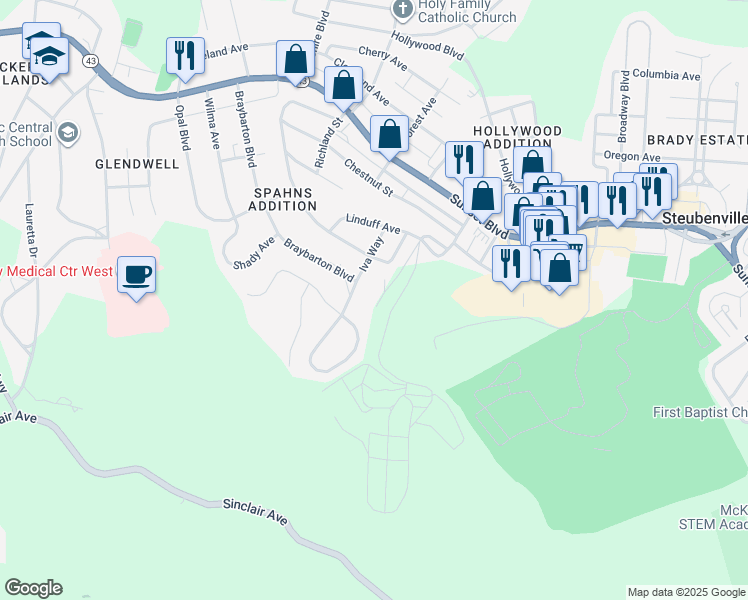 map of restaurants, bars, coffee shops, grocery stores, and more near 100-198 Mt Calvary Ln in Steubenville
