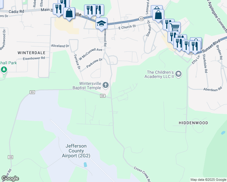 map of restaurants, bars, coffee shops, grocery stores, and more near 710 Fernwood Road in Steubenville