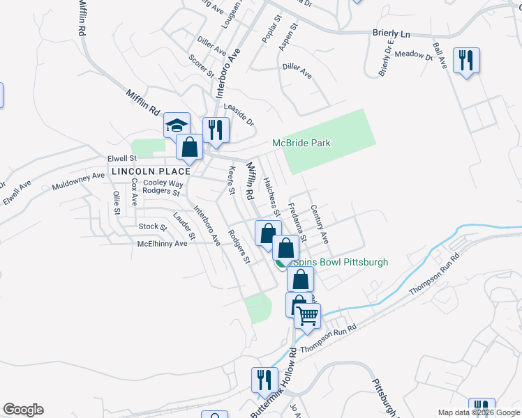 map of restaurants, bars, coffee shops, grocery stores, and more near 5703 Mifflin Road in Pittsburgh