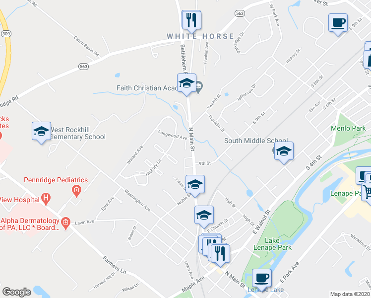 map of restaurants, bars, coffee shops, grocery stores, and more near 14 Hillcrest Place in Sellersville
