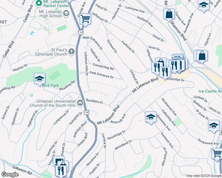 map of restaurants, bars, coffee shops, grocery stores, and more near 185 Crestvue Manor Drive in Pittsburgh