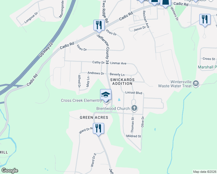map of restaurants, bars, coffee shops, grocery stores, and more near 500 Bantam Ridge Road in Wintersville