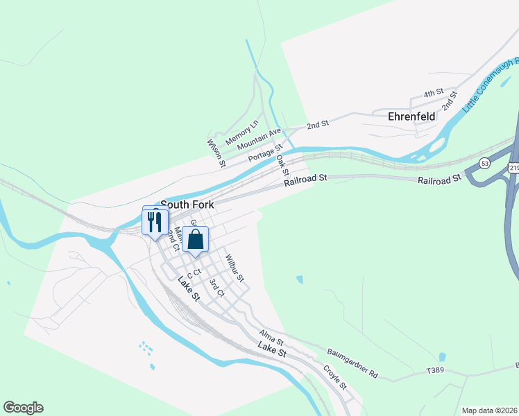 map of restaurants, bars, coffee shops, grocery stores, and more near 798 Maple St in South Fork