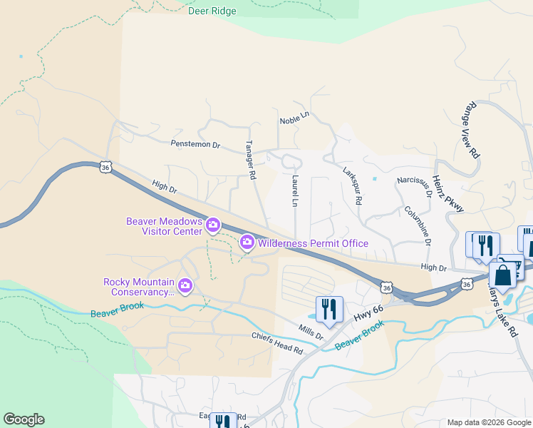 map of restaurants, bars, coffee shops, grocery stores, and more near 1861 High Drive in Estes Park