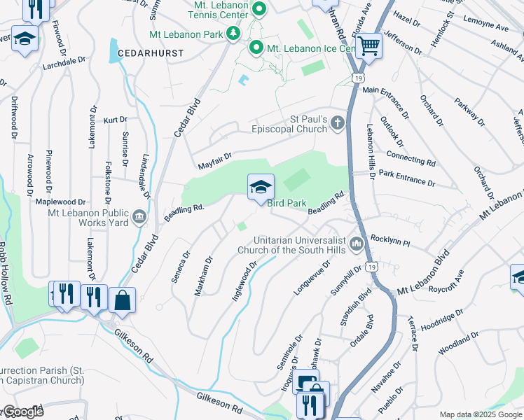 map of restaurants, bars, coffee shops, grocery stores, and more near 165 Crescent Drive in Mount Lebanon