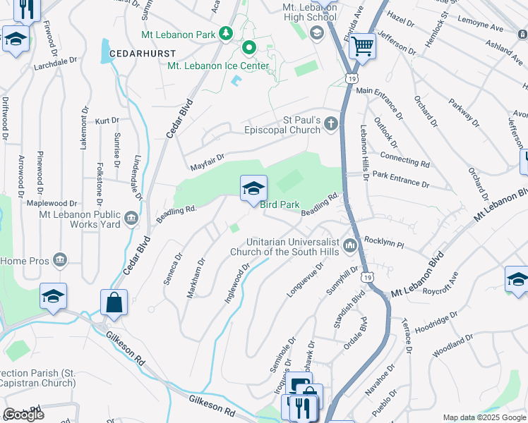 map of restaurants, bars, coffee shops, grocery stores, and more near 165 Crescent Drive in Pittsburgh