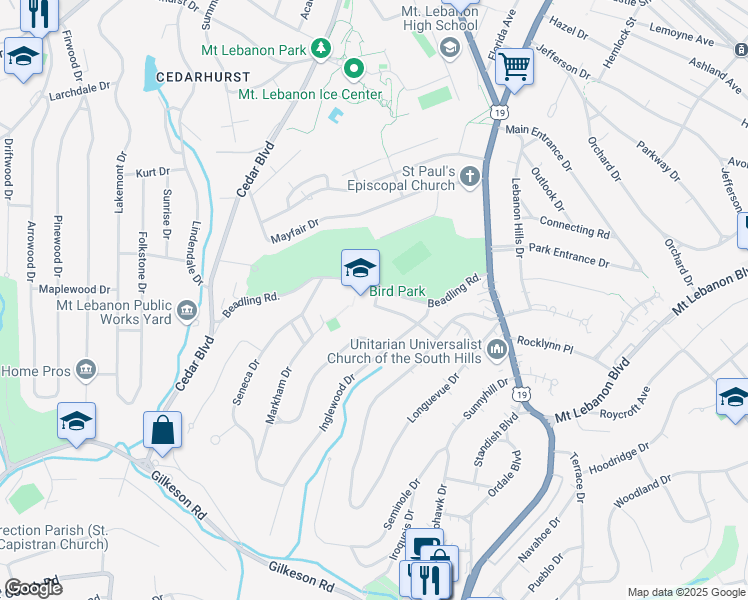 map of restaurants, bars, coffee shops, grocery stores, and more near 165 Crescent Drive in Mount Lebanon