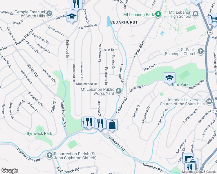 map of restaurants, bars, coffee shops, grocery stores, and more near 1279 Folkstone Drive in Pittsburgh