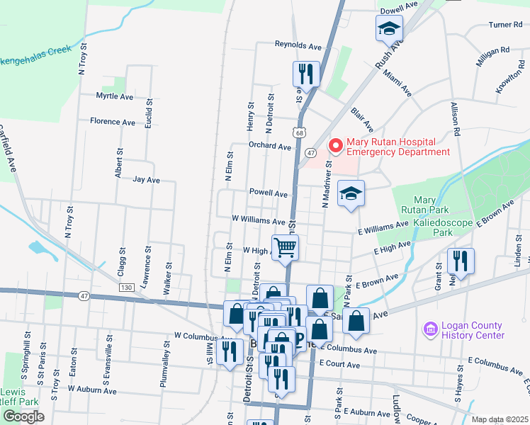 map of restaurants, bars, coffee shops, grocery stores, and more near 429 North Detroit Street in Bellefontaine