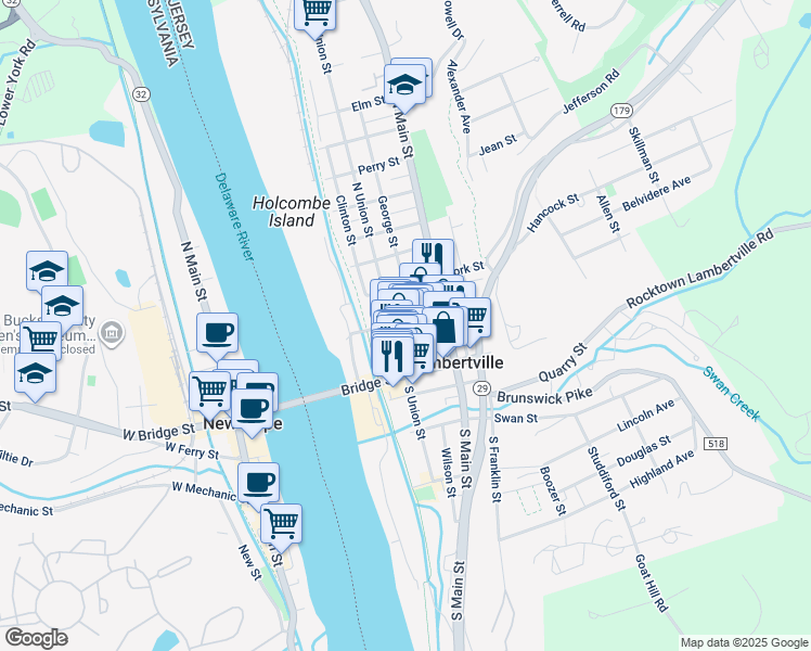 map of restaurants, bars, coffee shops, grocery stores, and more near 33 Coryell Street in Lambertville