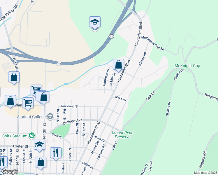map of restaurants, bars, coffee shops, grocery stores, and more near 2120 North 18th Street in Reading