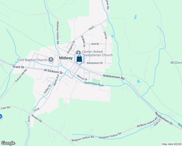 map of restaurants, bars, coffee shops, grocery stores, and more near 108 South Center Street in Midway