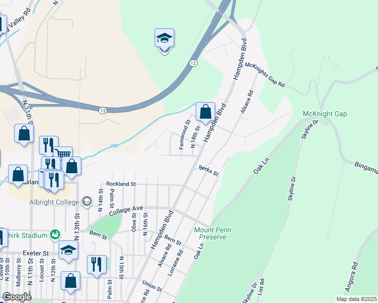 map of restaurants, bars, coffee shops, grocery stores, and more near 2120 North 18th Street in Reading