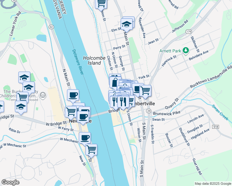 map of restaurants, bars, coffee shops, grocery stores, and more near 7 Coryell Street in Lambertville