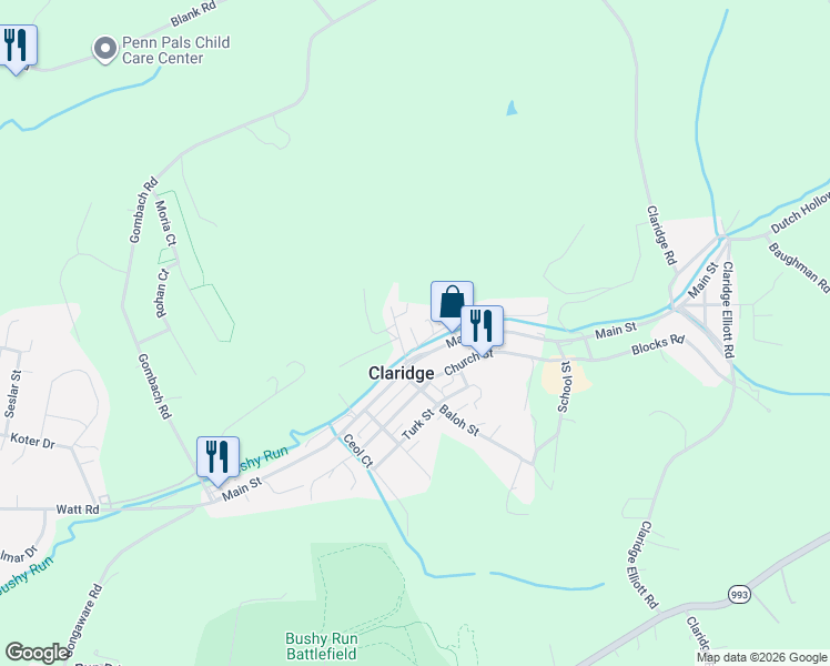 map of restaurants, bars, coffee shops, grocery stores, and more near 3002 Main Street in Claridge
