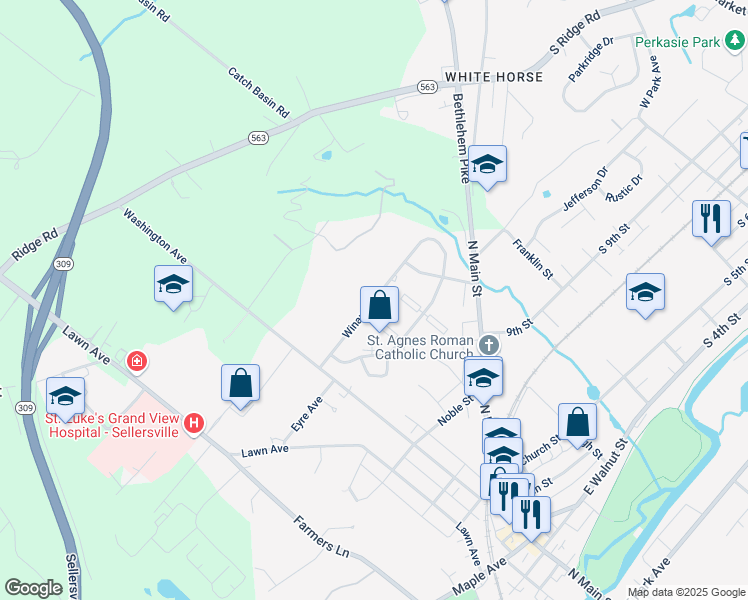 map of restaurants, bars, coffee shops, grocery stores, and more near 90 Winard Avenue in Sellersville