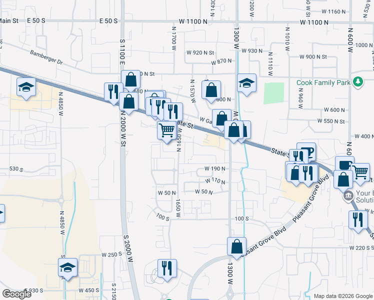 map of restaurants, bars, coffee shops, grocery stores, and more near 276 North 1630 West in Pleasant Grove