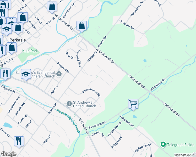 map of restaurants, bars, coffee shops, grocery stores, and more near 304 Connor Lane in Perkasie