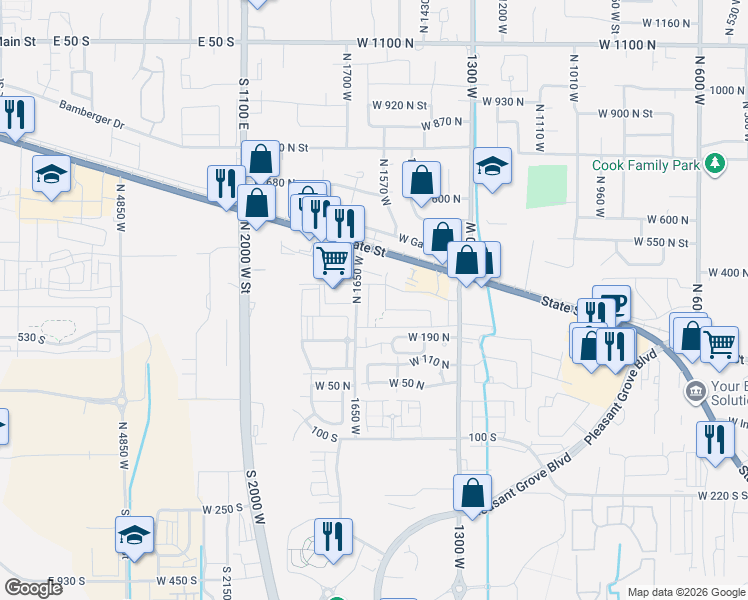 map of restaurants, bars, coffee shops, grocery stores, and more near 276 North 1630 West in Pleasant Grove