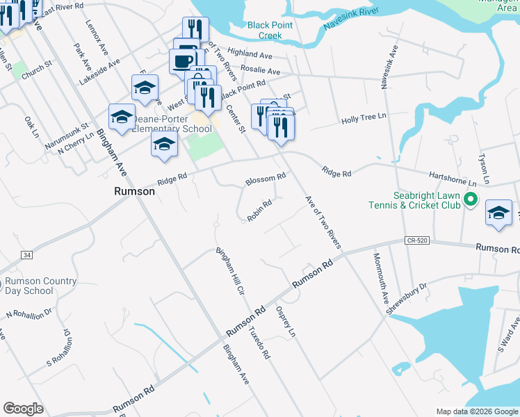 map of restaurants, bars, coffee shops, grocery stores, and more near 55 Robin Road in Rumson