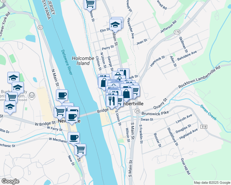map of restaurants, bars, coffee shops, grocery stores, and more near 33 Coryell Street in Lambertville
