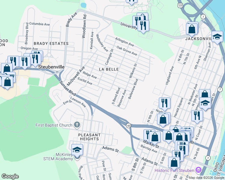 map of restaurants, bars, coffee shops, grocery stores, and more near 1247 Ridge Avenue in Steubenville