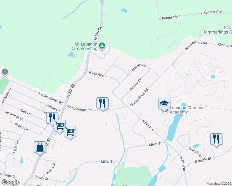 map of restaurants, bars, coffee shops, grocery stores, and more near 805 Marcon Drive in Lebanon
