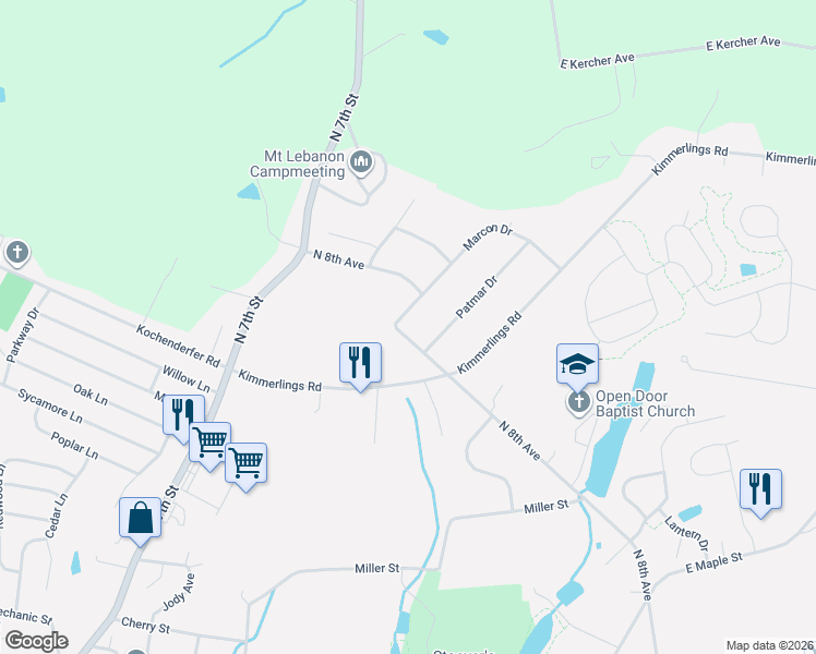 map of restaurants, bars, coffee shops, grocery stores, and more near 805 Marcon Drive in Lebanon