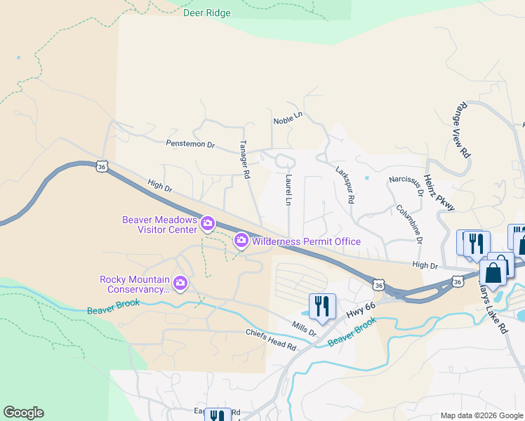 map of restaurants, bars, coffee shops, grocery stores, and more near 690 Tanager Road in Estes Park