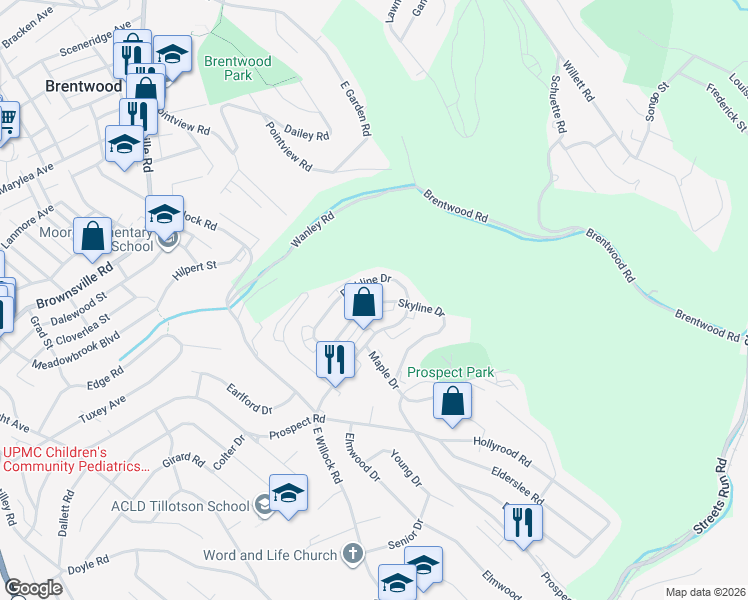 map of restaurants, bars, coffee shops, grocery stores, and more near 1673 Skyline Drive in Pittsburgh