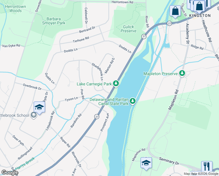 map of restaurants, bars, coffee shops, grocery stores, and more near 900 Princeton Kingston Road in Princeton