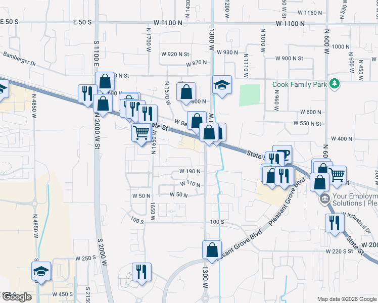 map of restaurants, bars, coffee shops, grocery stores, and more near 1392 West State Street in Pleasant Grove