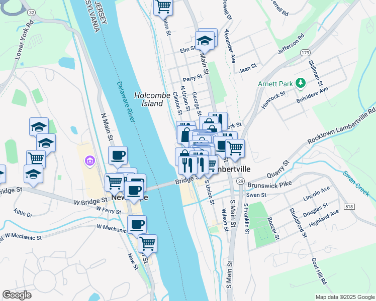 map of restaurants, bars, coffee shops, grocery stores, and more near 13 York Street in Lambertville
