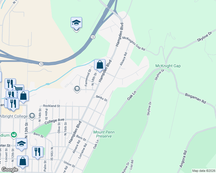 map of restaurants, bars, coffee shops, grocery stores, and more near 2251 Hampden Boulevard in Reading