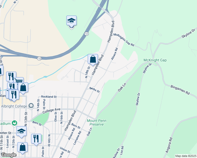 map of restaurants, bars, coffee shops, grocery stores, and more near 2251 Hampden Boulevard in Reading