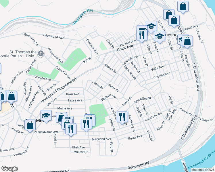 map of restaurants, bars, coffee shops, grocery stores, and more near 1212 Kennedy Avenue in Duquesne