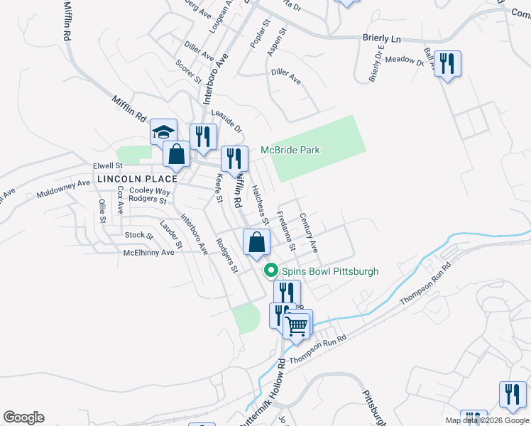 map of restaurants, bars, coffee shops, grocery stores, and more near 1701 West Way in Pittsburgh