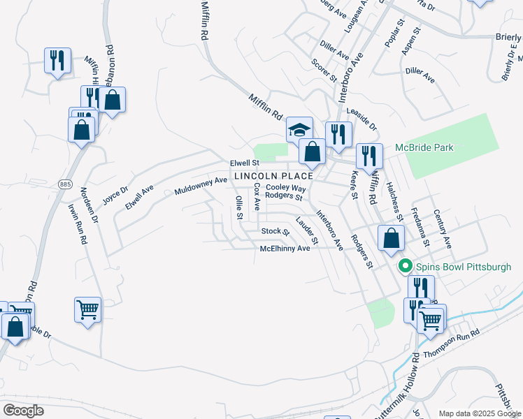 map of restaurants, bars, coffee shops, grocery stores, and more near 1109 Rodgers Street in Pittsburgh