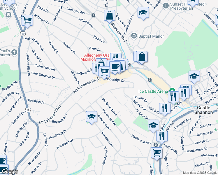 map of restaurants, bars, coffee shops, grocery stores, and more near 520 Hoodridge Drive in Castle Shannon