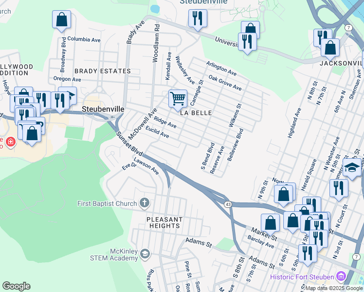 map of restaurants, bars, coffee shops, grocery stores, and more near 1326 Ridge Avenue in Steubenville