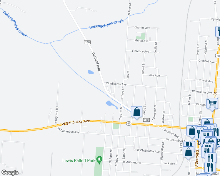map of restaurants, bars, coffee shops, grocery stores, and more near 1000 Garfield Avenue in Bellefontaine