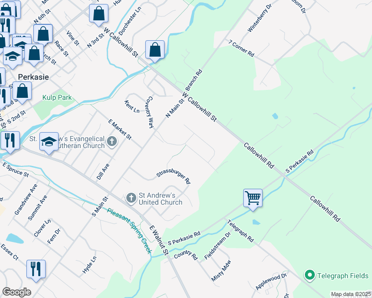 map of restaurants, bars, coffee shops, grocery stores, and more near 304 Connor Lane in Perkasie